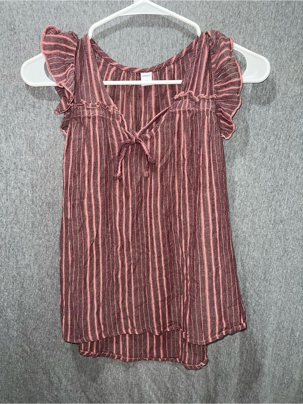 Old Navy Pink Striped Ruffle Tie-Front Blouse